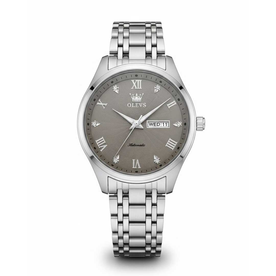 ساعت مردانه OLVES صفحه نقره‌ای، بند فلزی شب‌نما روزشمار