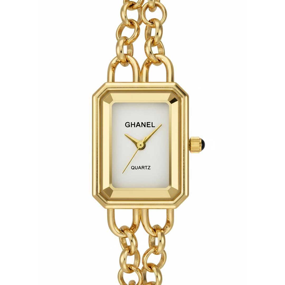 ساعت زنانه CHANEL طلایی، بند استیل زنجیری ظریف...