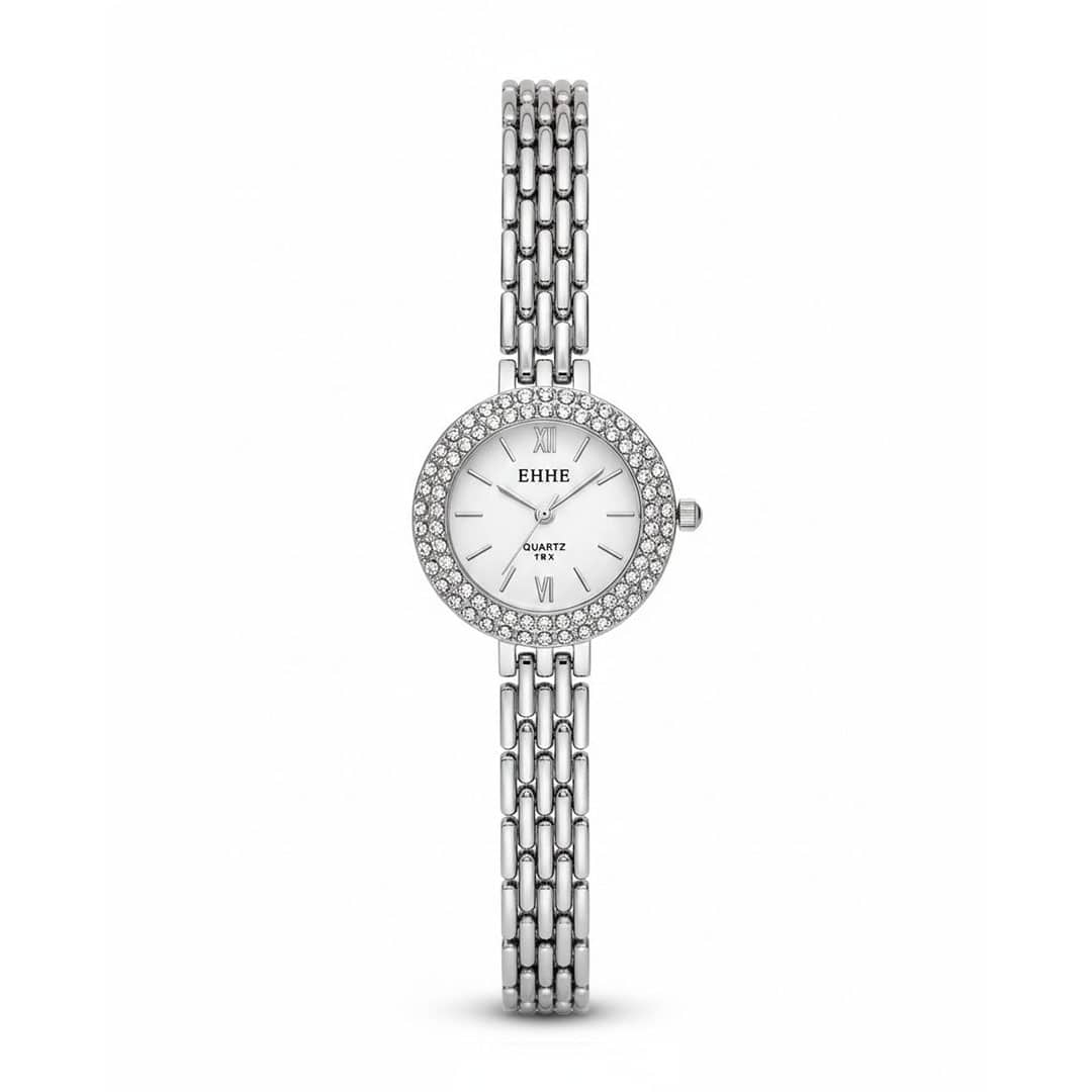 ساعت زنانه EHHE نقره‌ای نگین‌دار، ظریف دستبندی مجلسی